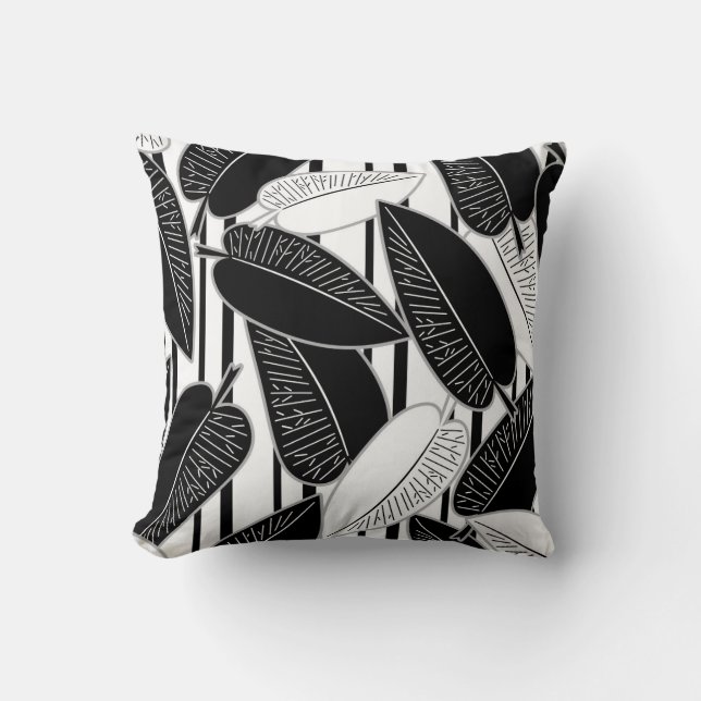 Moderne zwarte ficus verlaat abstracte striped afd kussen (Voorkant)