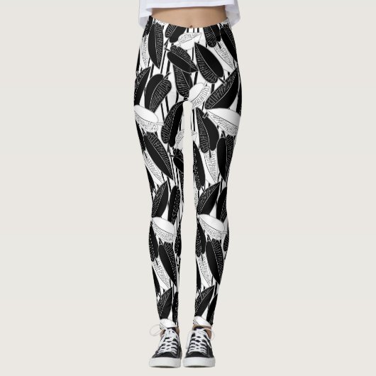 Moderne zwarte ficus verlaat abstracte striped afd leggings (Voorkant)