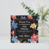 Moderne zwarte Floral 60th Birthday Party Bedankkaart (Staand voorkant)