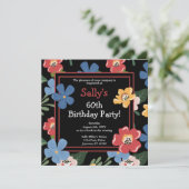 Moderne zwarte Floral 60th Birthday Party Kaart (Staand voorkant)