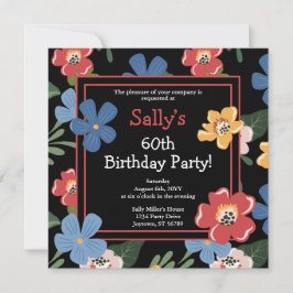 Moderne zwarte Floral 60th Birthday Party Kaart