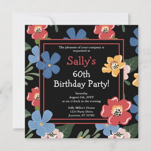 Moderne zwarte Floral 60th Birthday Party Kaart (Voorkant)