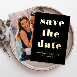 Moderne zwarte foto bespaart de datum goud folie uitnodiging