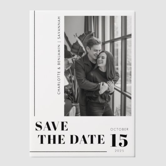 Moderne zwarte foto Bewaar de datum Vellum Uitnodigingen (Voorkant)