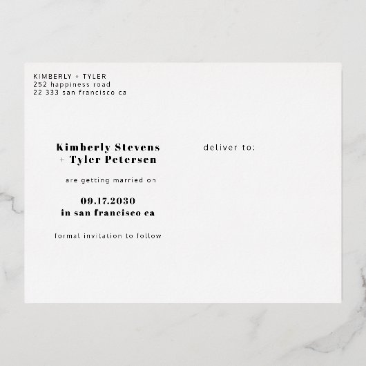 Moderne, zwarte foto bruiloft, behalve datum folie uitnodiging briefkaart (Achterkant)