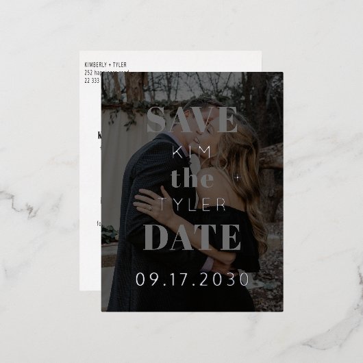 Moderne, zwarte foto bruiloft, behalve datum folie uitnodiging briefkaart (Voorkant / Achterkant)