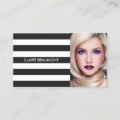 Moderne zwarte foto met witte streped zwarte salon visitekaartje (Voorkant)
