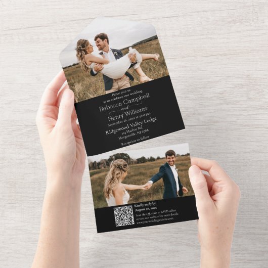 Moderne zwarte foto | Monogram | QR-code All In One Uitnodiging (Afscheurbaar)