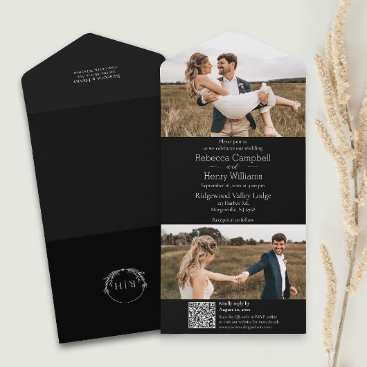 Moderne zwarte foto | Monogram | QR-code All In One Uitnodiging