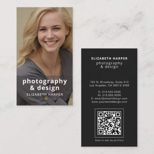 Moderne Zwarte Foto QR Code Professioneel Elegant Visitekaartje (Voorkant / Achterkant)