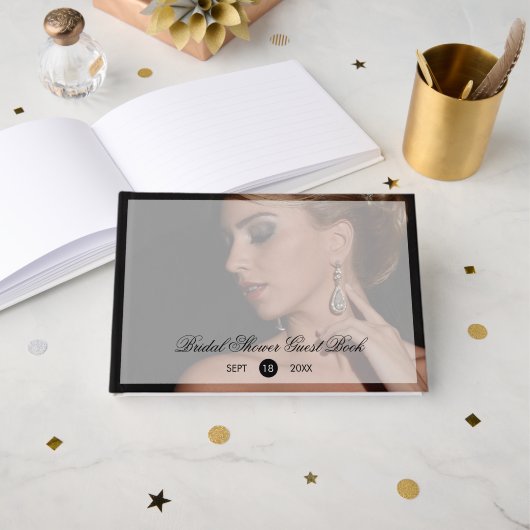 Moderne Zwarte Foto Transparante Overlay Bruidsfee Gastenboek (Voorkant open)