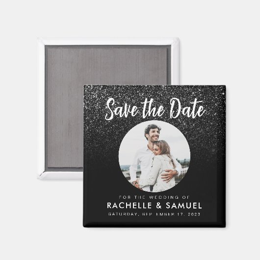 Moderne zwarte foto van Glitter opslaan Datum Magneet (Voorkant / Achterkant)