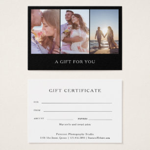 Moderne zwarte fotofotografie-cadeaubon visitekaartje