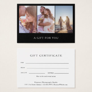 Moderne zwarte fotofotografie-cadeaubon visitekaartje