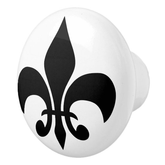Moderne zwarte Franse Lily Fleur-de-lis op wit Keramische Knop (Rechts)
