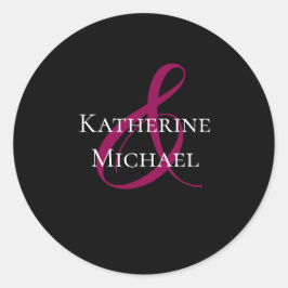 Moderne zwarte fuchsia en wit-bruiloft- ronde sticker
