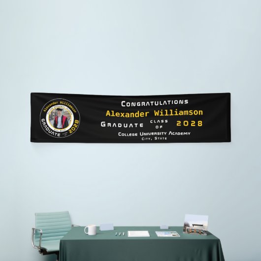 Moderne Zwarte Gele Afstudeerfeest Foto Spandoek (Beurs)