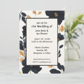 Moderne zwarte gele wilde bloem bruiloft uitnodigi kaart (Staand voorkant)