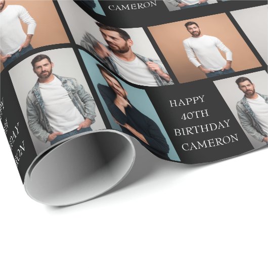 Moderne Zwarte Gelukkige Verjaardag 4 Fotocollage Cadeaupapier (Rol Hoek)