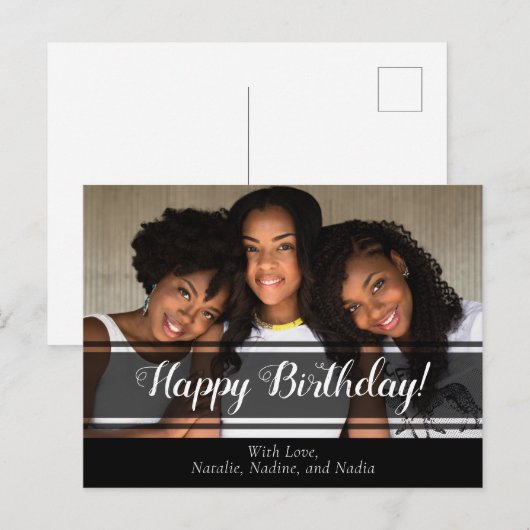 Moderne Zwarte Gelukkige Verjaardag Foto Ansichtka Briefkaart (Voorkant / Achterkant)