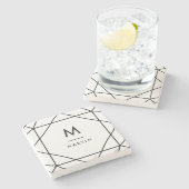 Moderne zwarte geometrische lijnen met monogram stenen onderzetter (Zijkant)