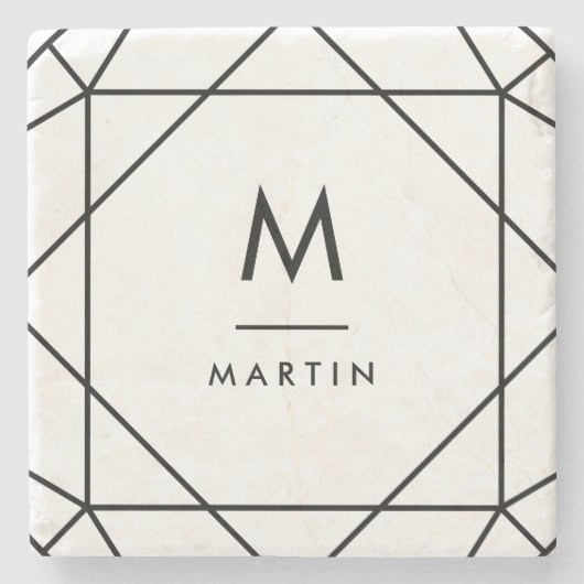 Moderne zwarte geometrische lijnen met monogram stenen onderzetter (Voorkant)