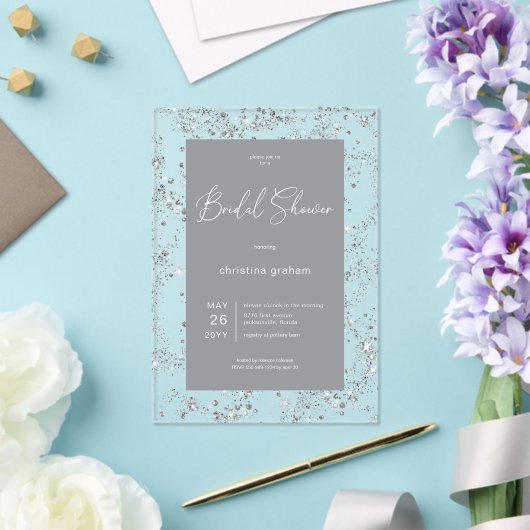 Moderne zwarte glamour diamant frame bruiloft lunc acryl uitnodigingen (Insitu (Huwelijk))