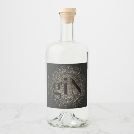 Moderne Zwarte Glansgeprinte Gebold Simple Gin Likeurfles Etiket (Voorkant)