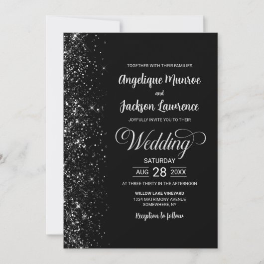 Moderne Zwarte Glitter Bruiloft Kaart (Voorkant)