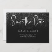 Moderne zwarte Glitter Chic Wedding Save the Date (Voorkant)