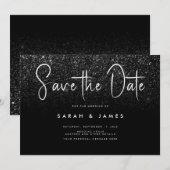 Moderne zwarte Glitter Chic Wedding Save the Date (Voorkant / Achterkant)
