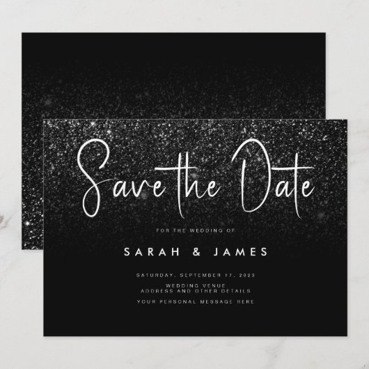 Moderne zwarte Glitter Chic Wedding Save the Date (Voorkant / Achterkant)