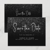 Moderne zwarte Glitter Chic Wedding Save the Date Aankondigingskaart (Voorkant / Achterkant)