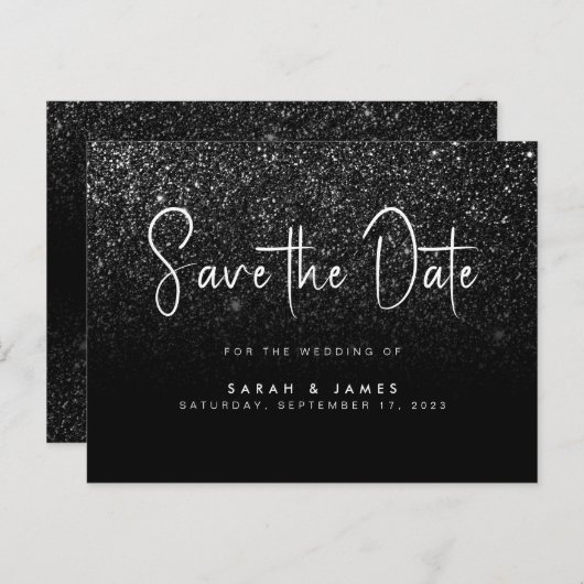 Moderne zwarte Glitter Chic Wedding Save the Date Aankondigingskaart (Voorkant / Achterkant)