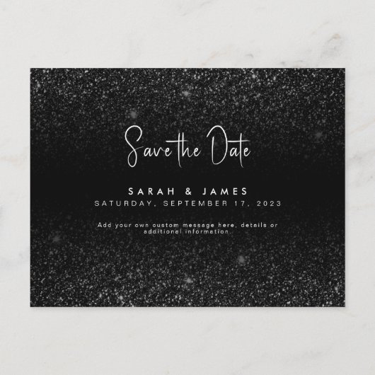 Moderne zwarte Glitter Chic Wedding Save the Date Aankondigingskaart (Achterkant)