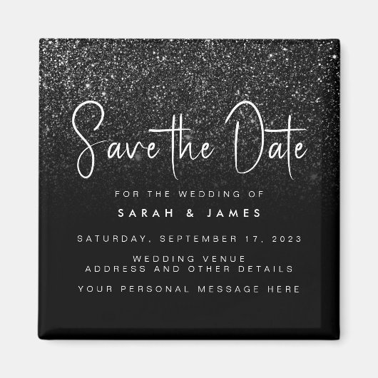 Moderne zwarte Glitter Chic Wedding Save the Date Magneet (Voorkant)
