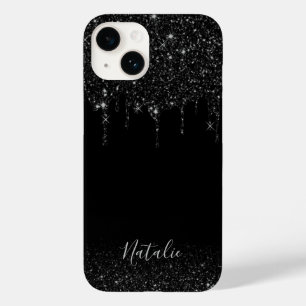 Moderne zwarte glitter drift elegante aangepaste n Case-Mate iPhone 14 hoesje