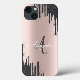 Moderne Zwarte Glitter Drips Roze Goud, Monogram Case-Mate iPhone Case