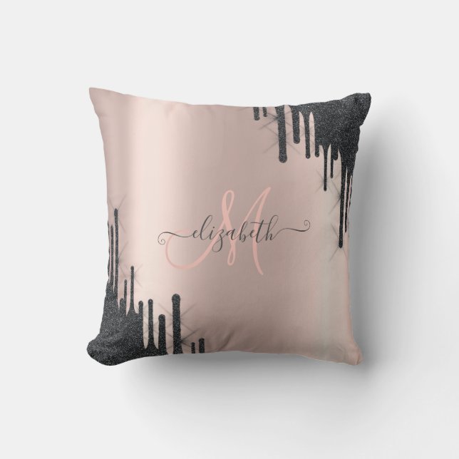 Moderne Zwarte Glitter Drips Roze Gouden Monogram Kussen (Voorkant)