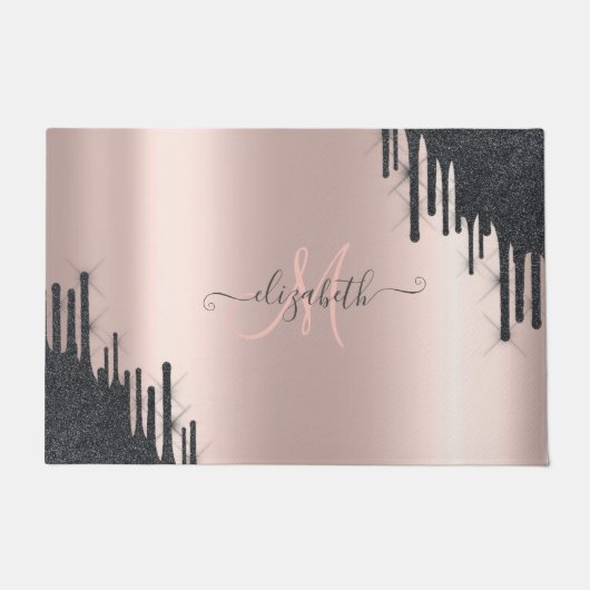 Moderne Zwarte Glitter Druppels Roze Gouden Monogr Deurmat (Voorkant)