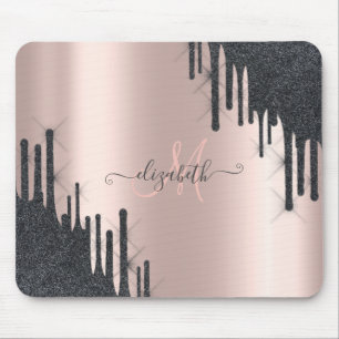 Moderne Zwarte Glitter Druppels Roze Gouden Monogr Muismat