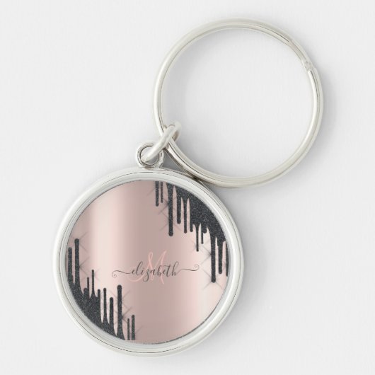 Moderne Zwarte Glitter Druppels Roze Gouden Monogr Sleutelhanger (Voorkant)