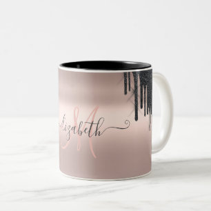 Moderne Zwarte Glitter Druppels Roze Gouden Monogr Tweekleurige Koffiemok
