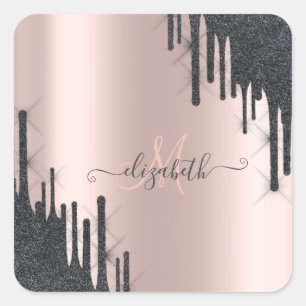 Moderne Zwarte Glitter Druppels Roze Gouden Monogr Vierkante Sticker