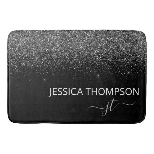 Moderne Zwarte Glitter Eenvoudige Script Monogram Badmat