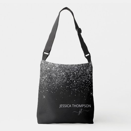 Moderne Zwarte Glitter Eenvoudige Script Monogram Crossbody Tas (Voorkant)