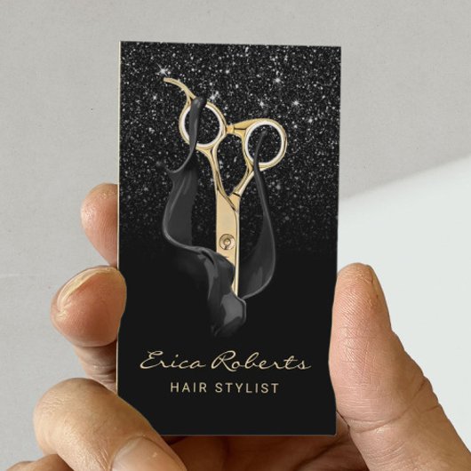 Moderne zwarte Glitter Gold Scissor Hair Stylist Visitekaartje