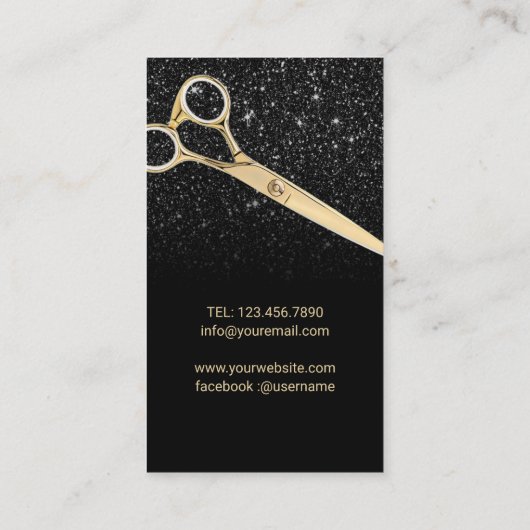 Moderne zwarte Glitter Gold Scissor Hair Stylist Visitekaartje (Achterkant)
