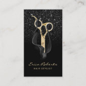 Moderne zwarte Glitter Gold Scissor Hair Stylist Visitekaartje (Voorkant)