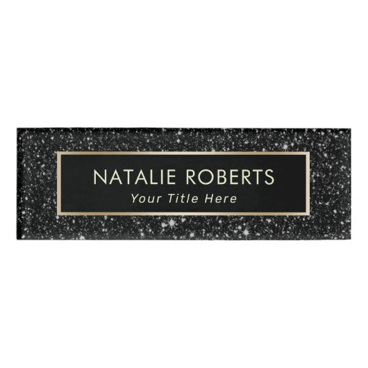 Moderne zwarte glitter make-up artiest haar salon naambadge (Voorkant)